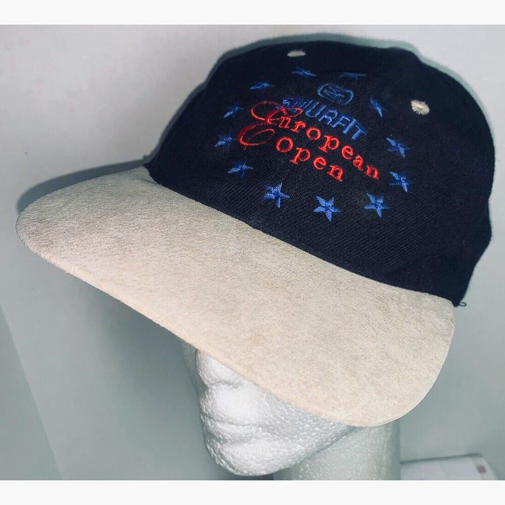 Vtg SMURFIT European Open Adjustable Hat Cap Black Wool Pigskin World Tour